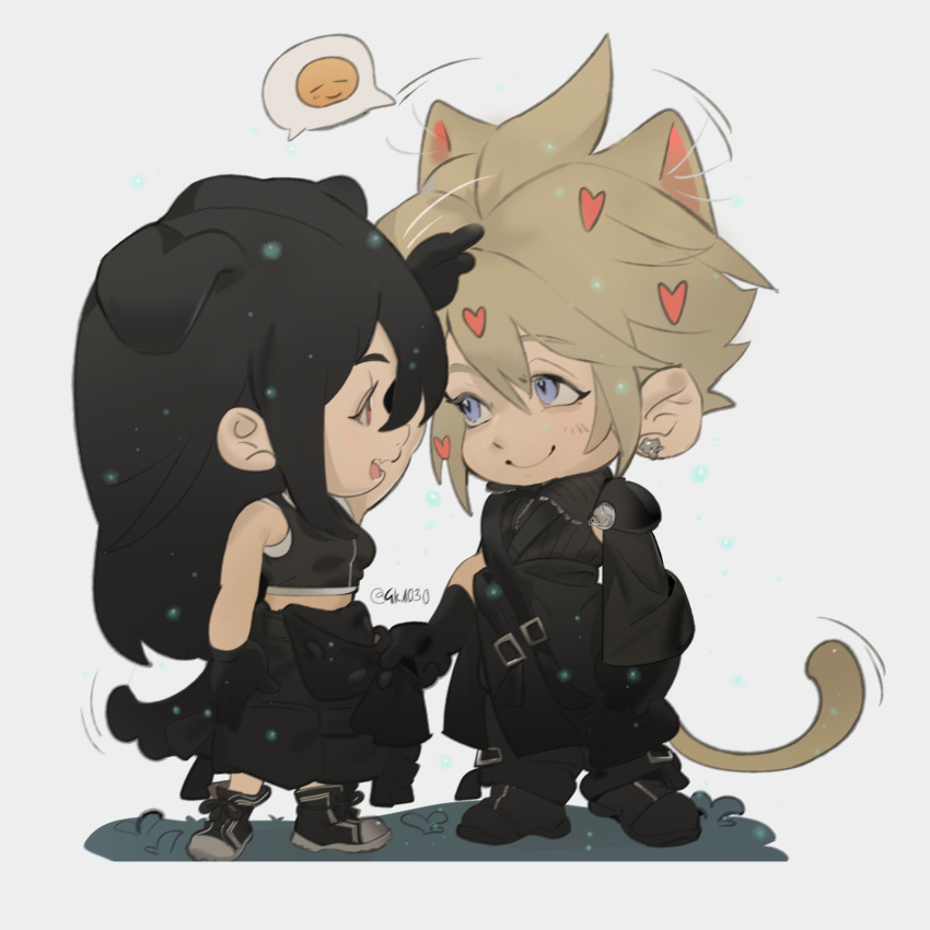 1boy 1girl 4k1030 animal_ears apron bare_shoulders black_apron black_gloves black_hair black_shirt black_shorts black_vest blonde_hair blue_eyes cat_ears cat_tail closed_mouth cloud_strife crop_top detached_sleeves earrings final_fantasy final_fantasy_vii final_fantasy_vii:_advent_children full_body gloves heart highres jewelry kemonomimi_mode long_hair looking_at_another midriff_peek motion_lines open_mouth shirt shorts single_detached_sleeve single_shoulder_pad sleeveless sleeveless_shirt smile spiky_hair standing stud_earrings tail tifa_lockhart vest waist_apron