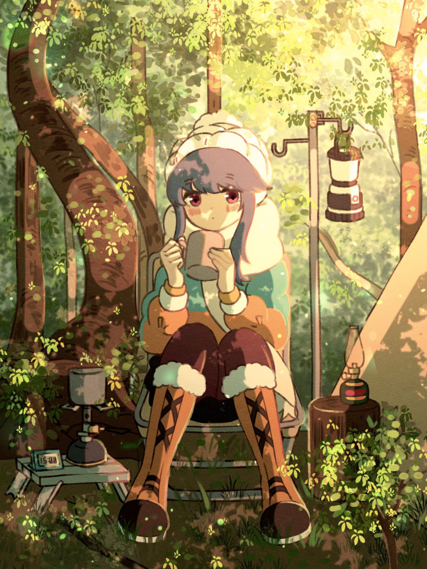 1girl :o beanie blue_hair blush boots brown_pants camping camping_chair clock coffee_mug cup dappled_sunlight digital_clock fur-trimmed_boots fur_trim grass green_jacket hat highres holding holding_cup jacket knee_boots lamp long_sleeves looking_at_viewer mug multicolored_clothes multicolored_jacket nature orange_jacket outdoors pants parted_lips scarf shima_rin sidelocks sitting solo sunlight tent time tree violet_eyes white_headwear white_scarf winter_clothes ycdmpoo yurucamp