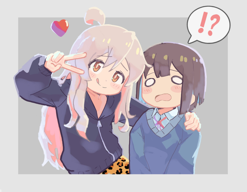 !? 2girls :o :q ahoge animal_print black_jacket blank_eyes blue_hair blue_sweater blunt_bangs blunt_ends blush_stickers brown_eyes brown_hair colored_inner_hair commentary english_commentary grey_background grey_hair gustavo_schuler hair_between_eyes hand_on_another's_shoulder heart highres hozuki_momiji jacket leopard_print long_hair long_sleeves looking_at_viewer multicolored_hair multiple_girls o_o official_alternate_costume onii-chan_wa_oshimai! oyama_mahiro print_skirt short_hair simple_background skirt smile spoken_interrobang sweater tongue tongue_out two-tone_hair v wavy_mouth wing_collar