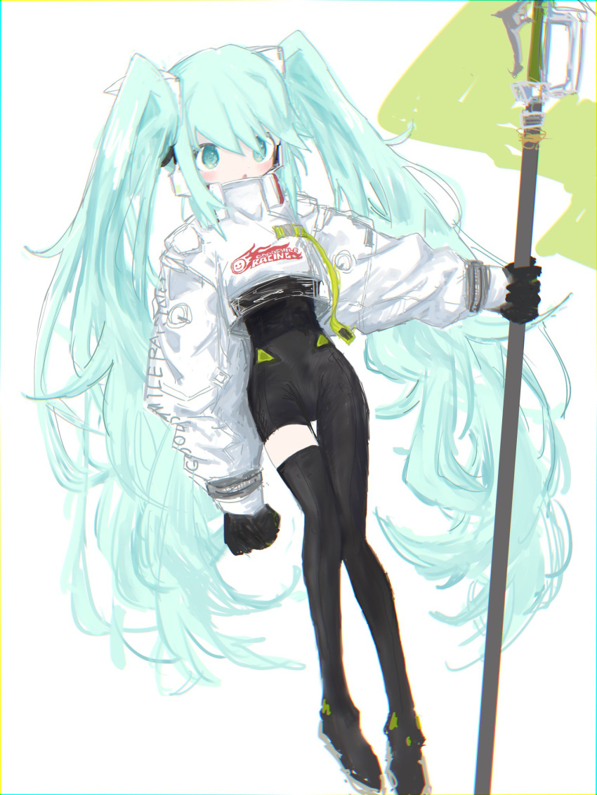 1girl aqua_hair asymmetrical_bodysuit black_bodysuit black_gloves black_thighhighs blush bodysuit flag flagpole full_body gloves goodsmile_racing hatsune_miku highres holding holding_flag jacket long_hair long_sleeves looking_at_viewer outside_border parted_lips racequeen racing_miku racing_miku_(2022) reitoubeef simple_background single_thighhigh sketch solo thigh-highs twintails very_long_hair vocaloid white_jacket