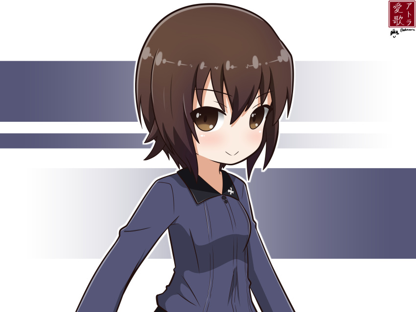 1girl absurdres aikazilla artist_logo artist_name brown_eyes brown_hair closed_mouth commentary dress_shirt girls_und_panzer grey_shirt highres kuromorimine_school_uniform long_sleeves looking_at_viewer nishizumi_maho outline school_uniform shirt short_hair smile solo twitter_username upper_body white_outline wing_collar