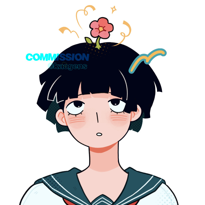 1girl artist_name black_eyes black_hair blunt_bangs blush bowl_cut commentary commission english_commentary flower flower_on_head genderswap genderswap_(mtf) highres kageyama_shigeo kaogens looking_up mob_psycho_100 pink_flower sailor_collar sailor_shirt school_uniform serafuku shirt short_hair simple_background solo upper_body watermark white_background