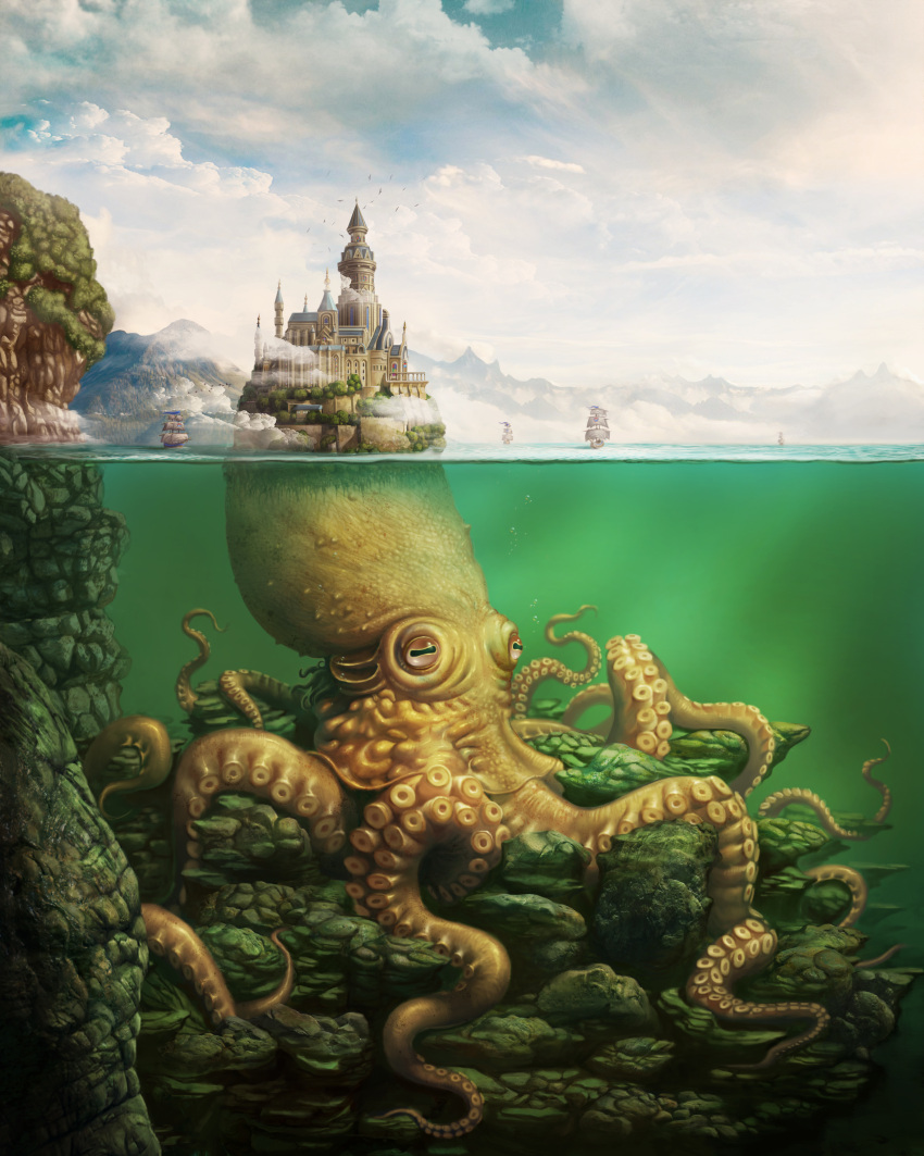 absurdres animal bird brown_eyes castle cephalopod_eyes clouds cloudy_sky commentary day english_commentary highres horizontal_pupils island kraken kyu_yong_eom monster mountainous_horizon no_humans octopus original oversized_animal scenery ship sky water watercraft