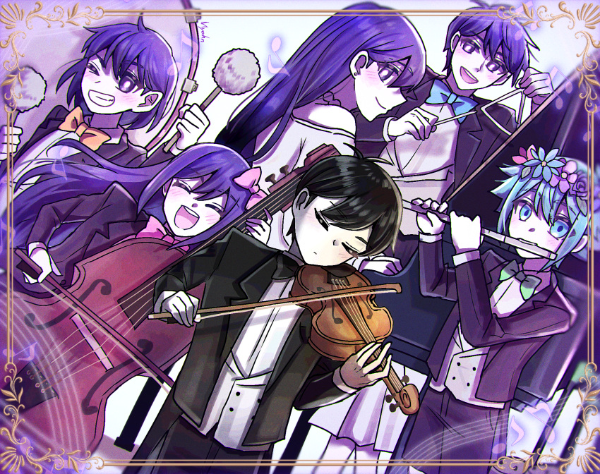 2girls 4boys alternate_costume aubrey_(headspace)_(omori) aubrey_(omori) bare_shoulders basil_(headspace)_(omori) basil_(omori) black_hair black_pants black_shorts black_suit blue_bow blue_bowtie bow bow_(music) bowtie bright_pupils brother_and_sister brothers cello closed_eyes closed_mouth collared_shirt commentary_request dress drum drumsticks ear_piercing flute green_bow green_bowtie grin hair_between_eyes hair_bow hero_(headspace)_(omori) hero_(omori) highres holding holding_bow_(music) holding_drumsticks holding_flute holding_instrument holding_violin instrument kel_(headspace)_(omori) kel_(omori) long_hair long_sleeves looking_at_viewer mari_(headspace)_(omori) mari_(omori) multiple_boys multiple_girls musical_note musical_staff myohn off-shoulder_dress off_shoulder omori omori_(omori) one_eye_closed open_mouth orange_bow orange_bowtie pants piercing pink_bow pink_bowtie purple_hair shirt short_hair shorts siblings smile suit teeth triangle_(instrument) upper_teeth_only violet_eyes violin white_dress white_pupils white_shirt