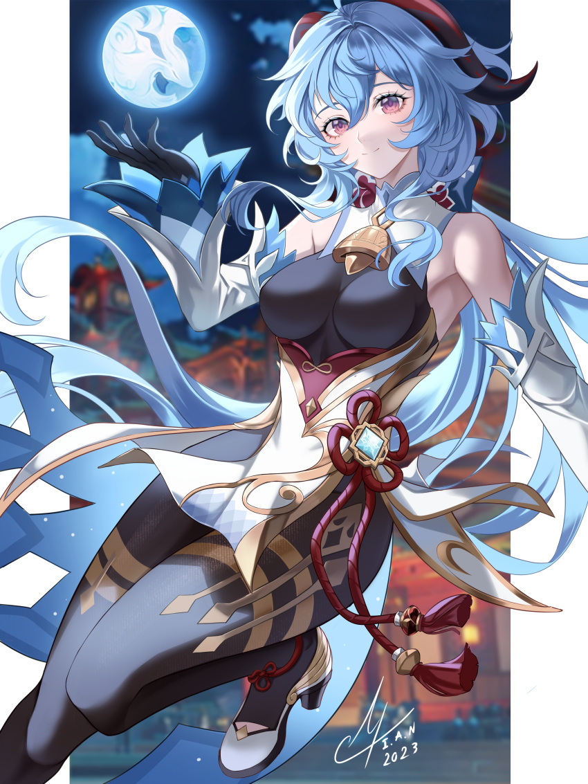 1girl absurdres ahoge artist_name bare_shoulders bell black_pantyhose blue_hair blush bow breasts chinese_knot detached_sleeves flower_knot ganyu_(genshin_impact) genshin_impact gold_trim high_heels highres horns i_a_n long_hair looking_at_viewer medium_breasts neck_bell night orb outdoors pantyhose qilin_(mythology) sidelocks smile solo tassel thighlet thighs violet_eyes vision_(genshin_impact) waist_cape white_sleeves