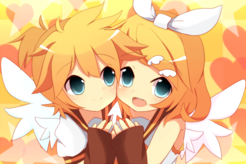 1boy 1girl blonde_hair blue_eyes bob_cut bow brown_sailor_collar brown_serafuku cheek-to-cheek detached_sleeves electric_angel_(vocaloid) feathered_wings hair_bow hair_ornament hairclip happy heads_together kagamine_len kagamine_rin meranoreuka_(naokentak) mouse_pointer open_mouth ponytail puffy_short_sleeves puffy_sleeves sailor_collar school_uniform serafuku short_hair short_ponytail short_sleeves sleeveless smile vocaloid white_wings wing_hair_ornament wings yellow_background