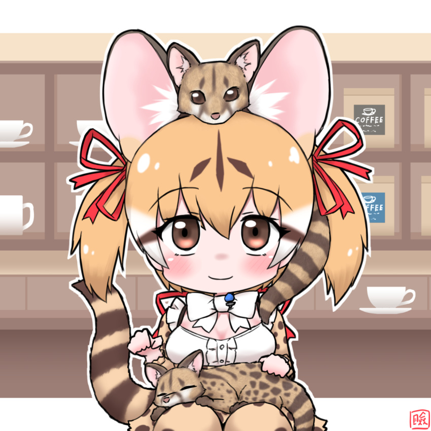 1girl animal_ears bow bowtie brown_eyes brown_hair cafe cat cat_ears cat_girl cat_tail closed_mouth cup extra_ears highres kemono_friends kemono_friends_v_project kneehighs large-spotted_genet_(kemono_friends) long_hair looking_at_viewer mabuta_(mbt) microphone ribbon shirt skirt socks suspenders tail teacup twintails virtual_youtuber