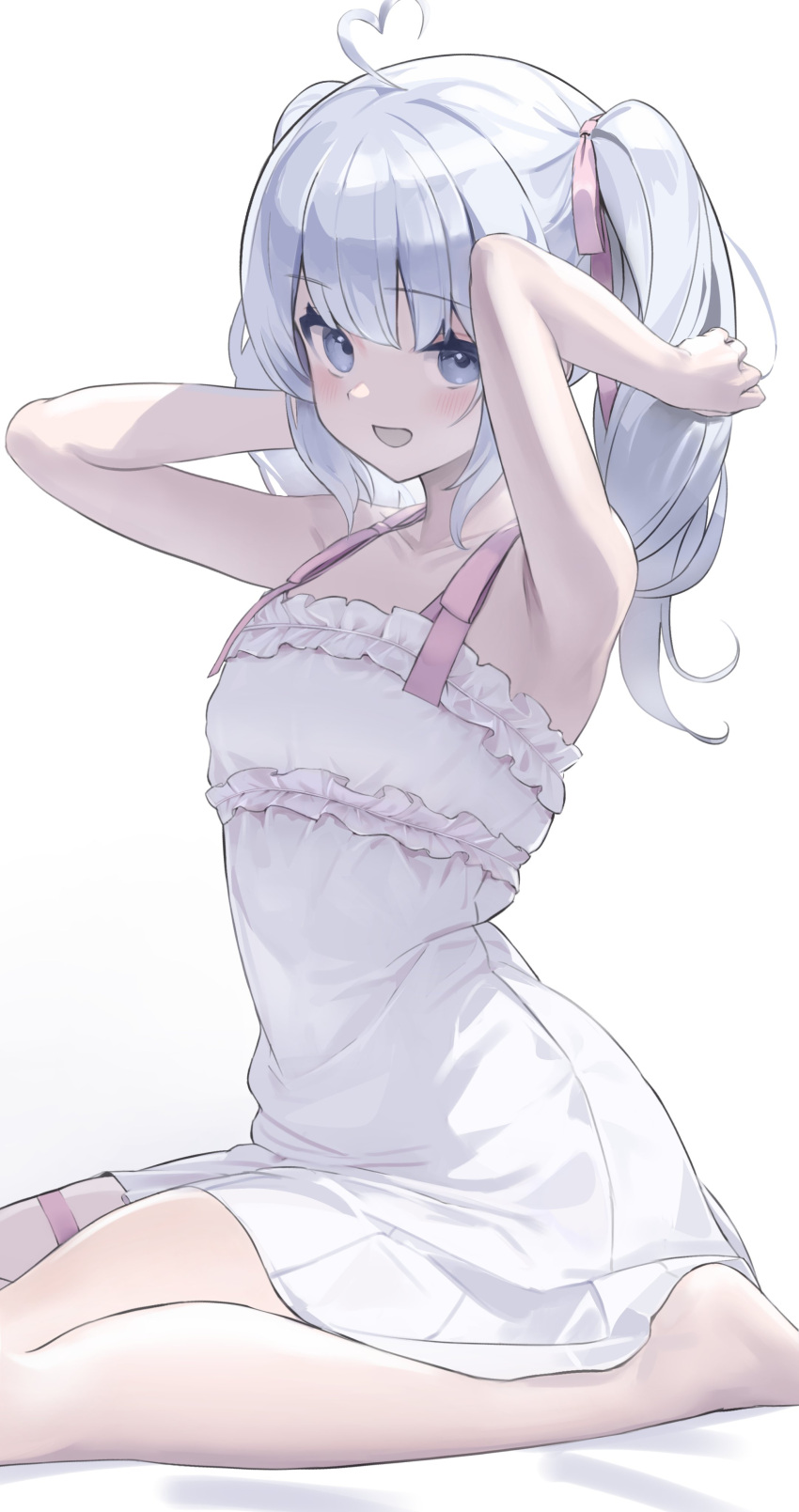 1girl absurdres ahoge arms_up blue_hair blush commission dress frilled_dress frills from_side heart heart_ahoge highres light_blue_hair looking_at_viewer nametarou_(meron) open_mouth original seiza short_dress sidelocks simple_background sitting skeb_commission solo thigh_strap twintails white_background white_dress
