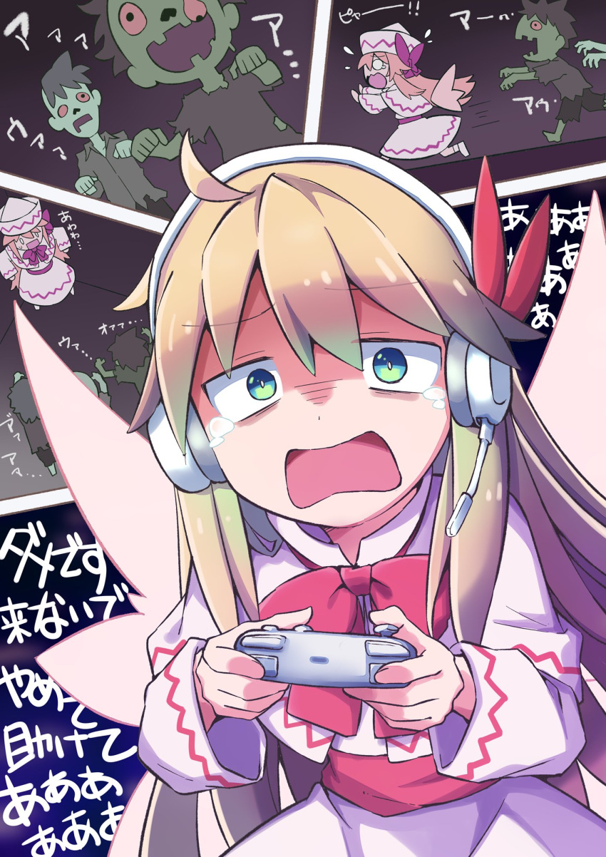 1girl blonde_hair capelet commission controller dress fairy fairy_wings game_controller green_eyes hair_between_eyes headphones highres holding holding_controller holding_game_controller lily_white long_hair long_sleeves multiple_views open_mouth playing_games skeb_commission tears touhou translation_request white_capelet white_dress wings yutamaro zombie