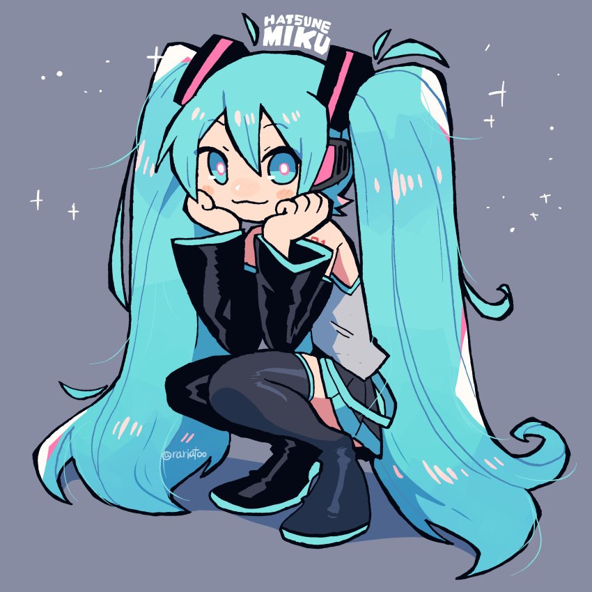 1girl :3 absurdres aqua_eyes aqua_hair bare_shoulders black_boots black_skirt black_thighhighs blush blush_stickers boots bright_pupils closed_mouth commentary detached_sleeves full_body grey_background hair_between_eyes hair_ornament hands_on_own_cheeks hands_on_own_face hands_up hatsune_miku head_rest headset highres long_hair looking_at_viewer miniskirt necktie no_sclera number_tattoo pleated_skirt rariatto_(ganguri) shirt shoulder_tattoo simple_background skirt sleeveless sleeveless_shirt smile solo sparkle squatting tattoo thigh-highs thigh_boots twintails twitter_username untranslatable_commentary very_long_hair vocaloid white_pupils zettai_ryouiki