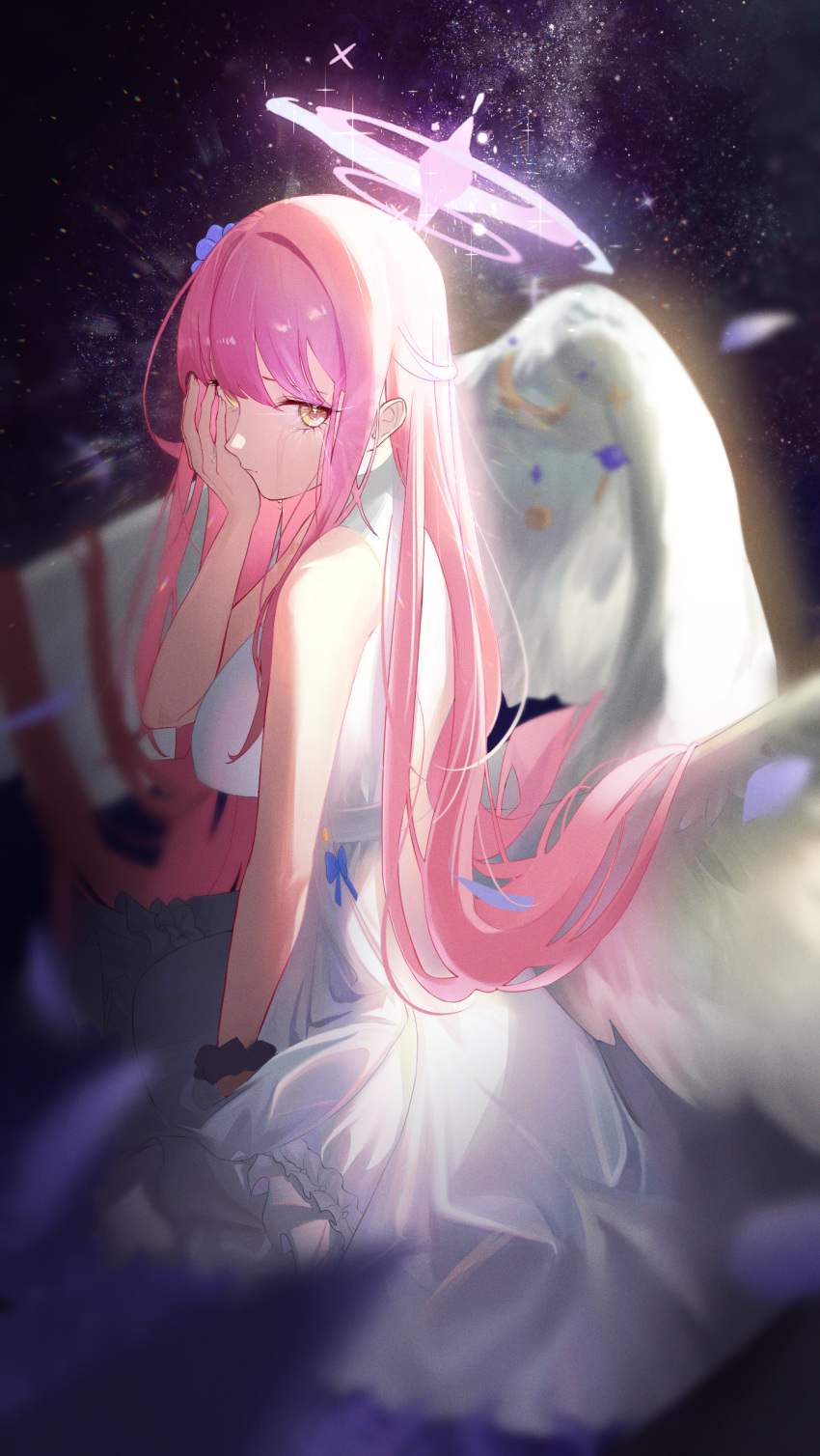 1girl angel_wings bare_shoulders black_background black_scrunchie blue_archive blue_bow blurry blurry_foreground bow breasts cherrymaru dress feathered_wings flower frilled_dress frills hair_flower hair_ornament halo highres large_breasts long_hair looking_at_viewer low_wings mika_(blue_archive) pink_hair pink_halo scrunchie sleeveless sleeveless_dress solo tears very_long_hair white_dress white_wings wing_ornament wings wrist_scrunchie yellow_eyes