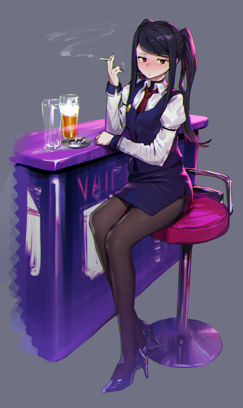 1girl absurdres alcohol ashtray beer between_fingers black_hair cigarette counter cup drinking_glass full_body grey_background high_heels highres holding holding_cigarette ie_(raarami) jill_stingray long_hair necktie pantyhose pencil_skirt red_eyes red_necktie shirt simple_background sitting skirt smoke smoking solo stool twintails va-11_hall-a vest white_shirt