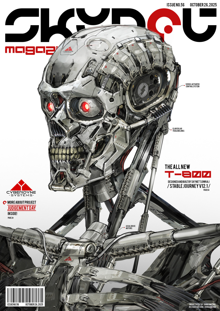 absurdres artist_name barcode commentary cover english_commentary english_text fake_magazine_cover glowing glowing_eyes highres humanoid_robot johnson_ting magazine_cover no_humans photoshop_(medium) red_eyes robot science_fiction t-800 terminator_(series) the_terminator