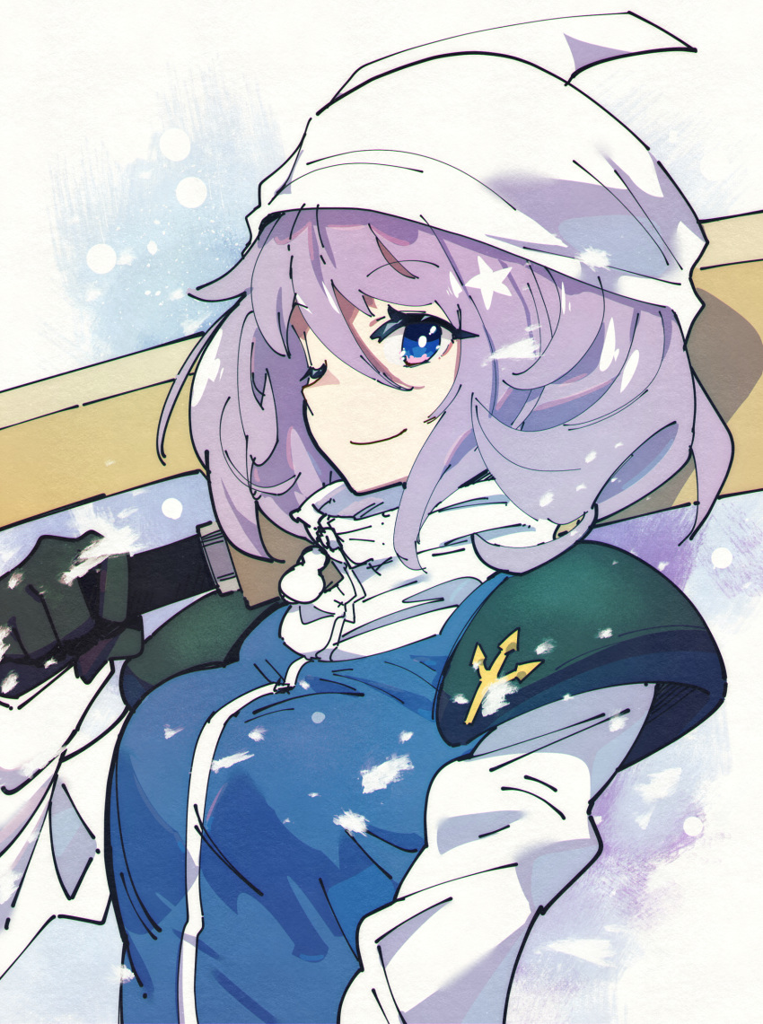 1girl advent_cirno black_gloves blue_vest closed_mouth commission gloves hair_between_eyes hat highres holding holding_weapon letty_whiterock light_purple_hair long_sleeves one_eye_closed pixiv_commission shirt short_hair smile solo touhou upper_body ushiki_yoshitaka vest violet_eyes weapon white_headwear white_shirt