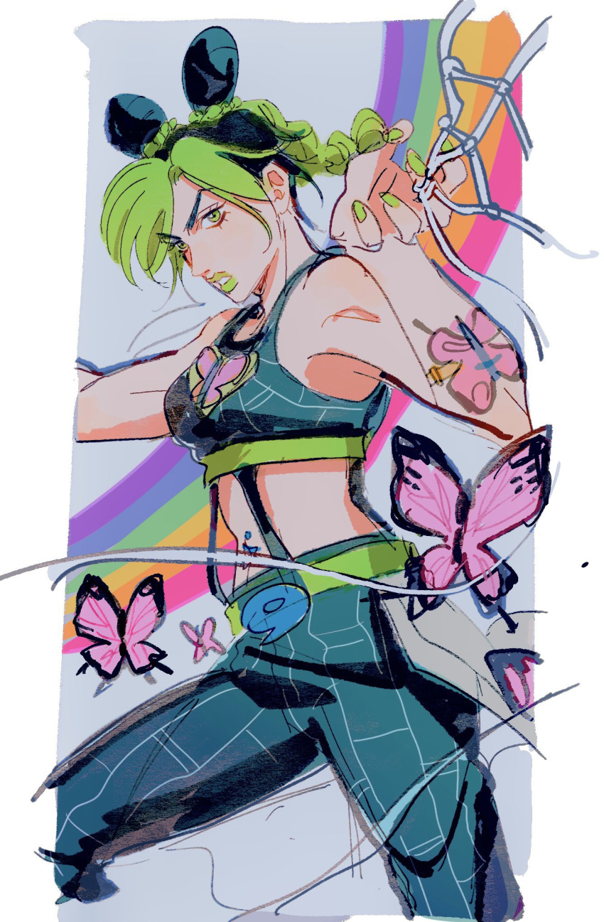 1girl black_hair braid breasts bug butterfly butterfly_tattoo double_bun english_commentary green_eyes green_hair green_lips green_nails hair_bun highres jojo_no_kimyou_na_bouken kujo_jolyne long_hair multicolored_hair navel_piercing oratoza parted_lips piercing rainbow solo spider_web_print stone_free stone_ocean tattoo two-tone_hair