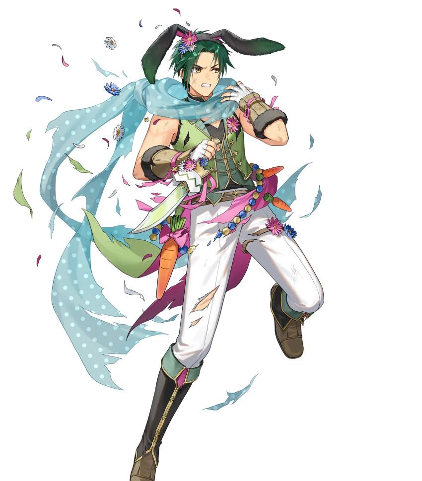 1boy animal_ears battle_damage belt black_boots black_hairband black_pants black_shirt blue_scarf boots carrot clenched_teeth dagger damaged easter_egg egg fake_animal_ears fighting_stance fingerless_gloves fire_emblem fire_emblem:_path_of_radiance fire_emblem:_radiant_dawn fire_emblem_heroes gloves green_hair green_jacket green_vest hairband highres holding holding_dagger holding_knife holding_weapon jacket knife male_focus non-web_source official_alternate_costume official_art open_mouth pants rabbit_ears scarf shirt sleeveless solo sothe_(fire_emblem) sothe_(in_the_breeze)_(fire_emblem) teeth torn_clothes torn_pants tsunakawa vest weapon white_gloves yellow_eyes