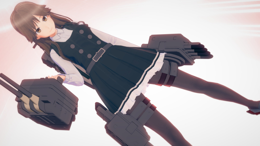 1girl 3d arashio_(kancolle) belt brown_eyes brown_hair buttons highres holding holding_weapon kantai_collection koikatsu_(medium) long_hair long_sleeves looking_at_viewer machinery pantyhose pleated_skirt simple_background skirt spotlight sun_glare thigh-highs thigh_strap user_ztxa5254 weapon