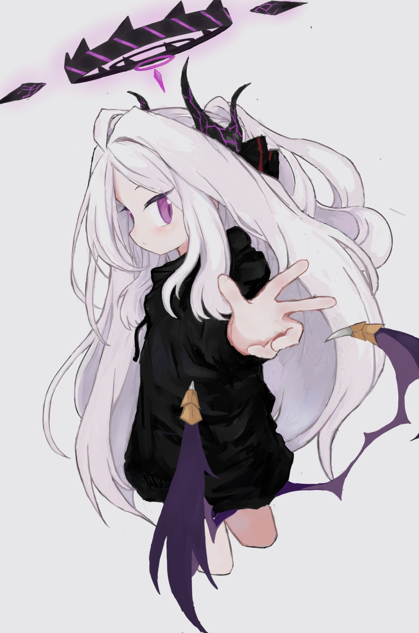 1girl black_hoodie black_ribbon blue_archive closed_mouth cropped_legs from_side grey_background hair_ribbon halo highres hina_(blue_archive) hood hood_down hoodie horns long_hair long_sleeves looking_at_viewer low_wings multiple_horns purple_wings reitoubeef ribbon simple_background solo very_long_hair violet_eyes w white_hair wings