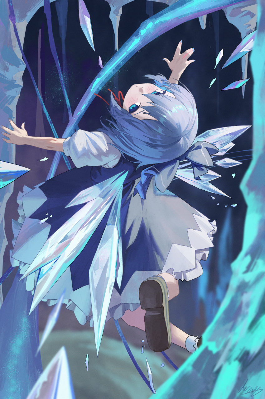 1girl blue_bow blue_dress blue_eyes blue_hair blue_nails bow brown_footwear cirno closed_mouth commentary dress fairy_wings from_behind full_body hair_bow highres ice ice_wings looking_at_viewer m.q_(mqkyrie) medium_hair neck_ribbon puffy_short_sleeves puffy_sleeves red_ribbon ribbon short_sleeves signature socks solo touhou white_socks wings