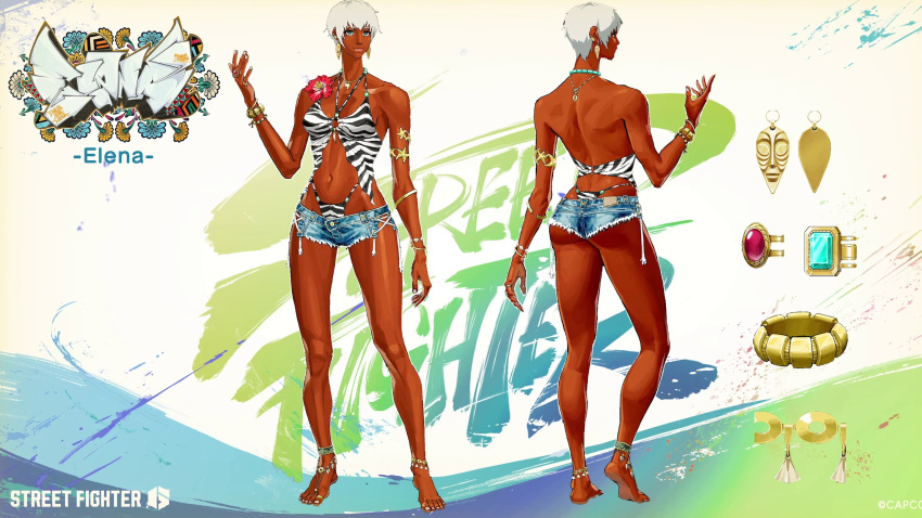 1girl alternate_costume animal_print anklet armlet ass back barefoot barefoot_sandals_(jewelry) bikini blue_eyes blue_shorts bracelet breasts capcom character_name commentary copyright_name copyright_notice cutoffs dark-skinned_female dark_skin denim denim_shorts earrings elena_(street_fighter) english_commentary flower full_body grey_eyes grey_hair highres jewelry leopard_print medium_breasts multiple_views nail_polish navel navel_piercing necklace official_alternate_costume official_alternate_hairstyle official_art piercing red_flower reference_sheet seashell shell short_hair short_shorts shorts street_fighter street_fighter_6 swimsuit takayuki_nakayama tiger_print toe_ring toenail_polish toenails toes white_hair