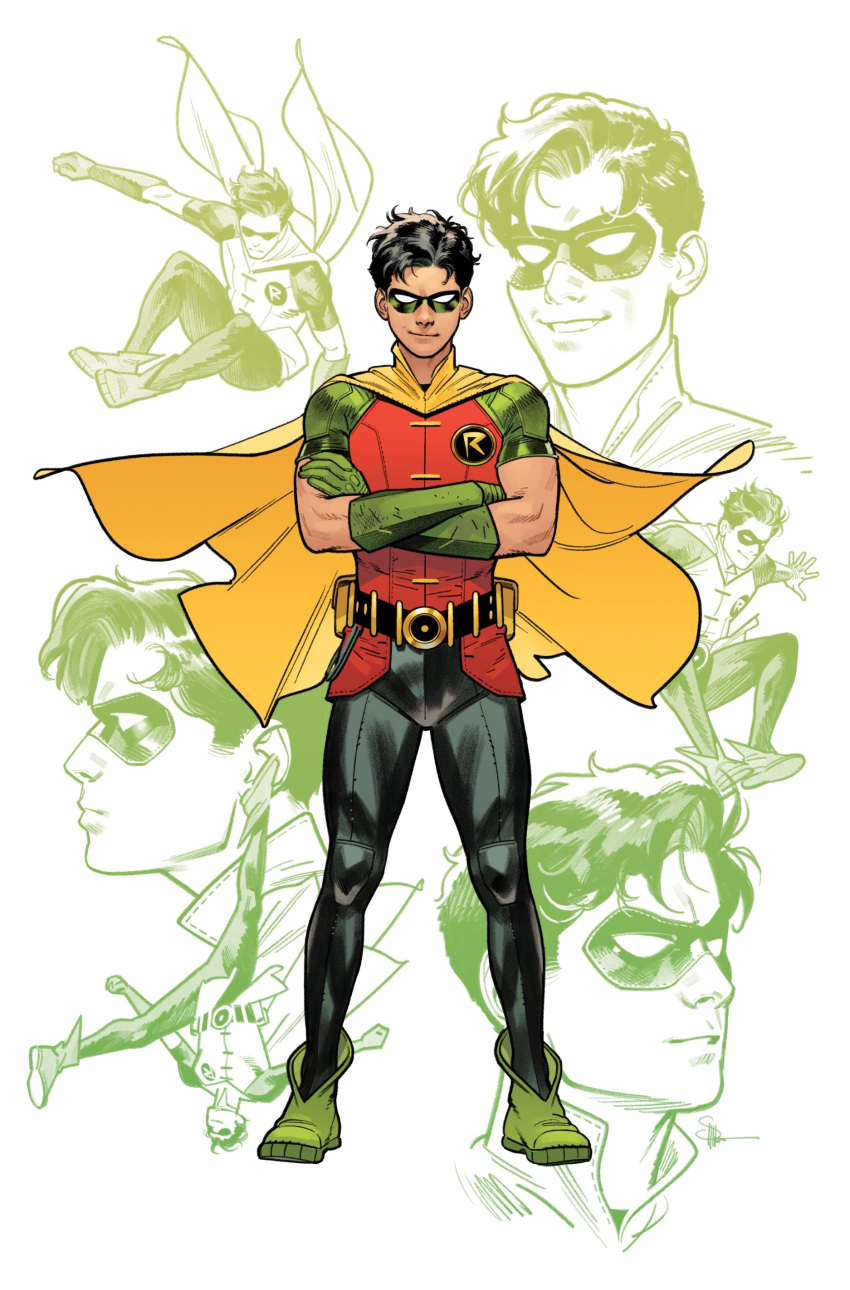 1boy absurdres batman_(series) belt bishounen black_hair black_pants bodysuit cape crossed_arms dc_comics dick_grayson docshaner domino_mask english_commentary facing_viewer full_body gloves green_footwear green_gloves highres insignia male_focus mask official_art pants robin_(dc) short_hair signature simple_background smile smirk superhero teen_titans utility_belt western_comics_(style) white_background yellow_cape