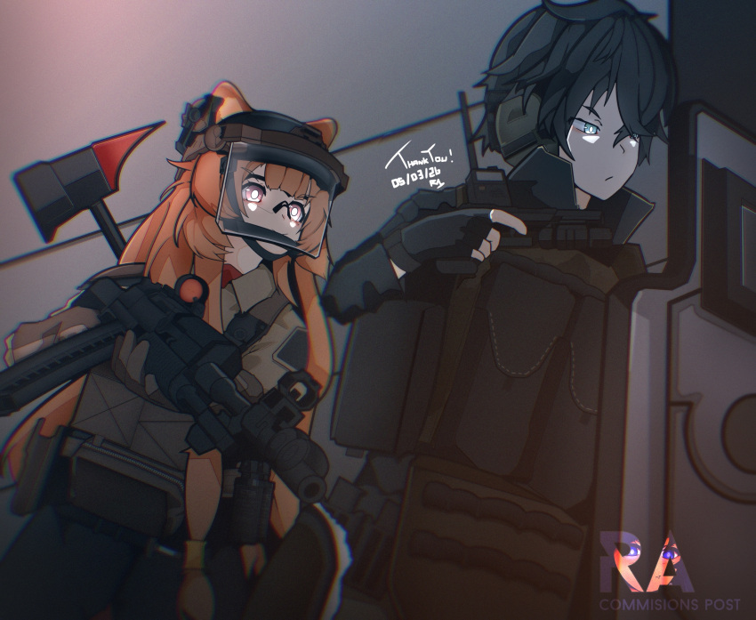 1boy 1girl ammunition_pouch artist_name axe ballistic_shield black_hair brown_hair brown_jacket collared_jacket commentary commission dated english_commentary fire_axe frown gun hair_between_eyes headset high_collar highres holding holding_gun holding_shield holding_weapon indoors iwatani_naofumi jacket long_hair long_sleeves looking_ahead messy_hair metal_hair_tubes military_uniform pink_eyes pouch ra_bipolar raphtalia shield short_hair straight_hair tate_no_yuusha_no_nariagari upper_body watermark weapon weapon_on_back weapon_request