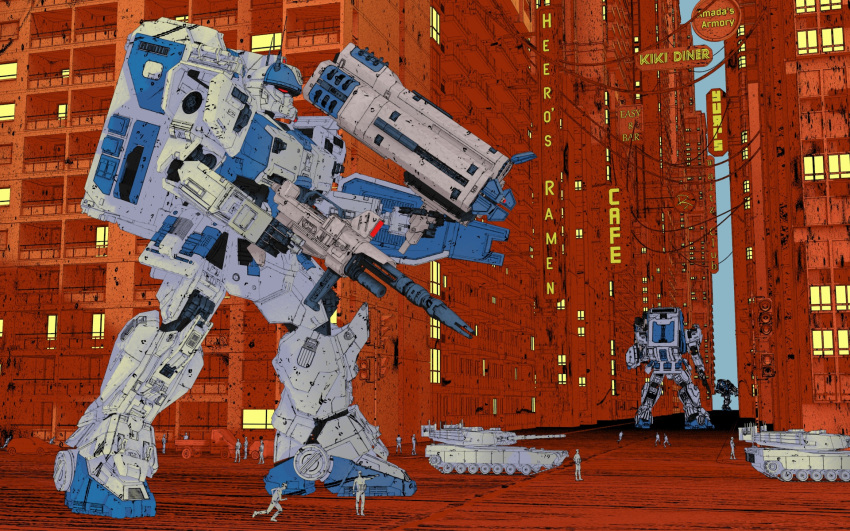 3d 6+others ammunition_box arm_shield beam_rifle belgianboolean building cable car city commentary dual_wielding energy_gun english_commentary ground_vehicle gun gundam gundam_08th_ms_team gundam_ez8 highres holding holding_gun holding_weapon mecha military military_vehicle mobile_suit moebius_(style) motor_vehicle multiple_others parody radio_antenna red_eyes road robot science_fiction skyscraper street style_parody tank weapon