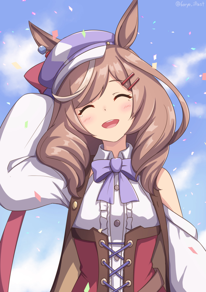 1girl absurdres animal_ears blue_bow blue_bowtie blue_hat blue_sky blush bow bowtie breasts brown_hair center_frills closed_eyes clothing_cutout clouds collared_shirt commentary_request confetti corset ears_through_headwear facing_viewer frills hair_ornament hairclip hat highres horse_ears horse_girl long_hair matikanetannhauser_(panpaka_tiltott)_(umamusume) matikanetannhauser_(umamusume) multicolored_hair newsboy_cap open_mouth parallel_hairclips red_corset ryochan96154 shirt shoulder_cutout sky smile solo streaked_hair tilted_headwear umamusume upper_body white_shirt