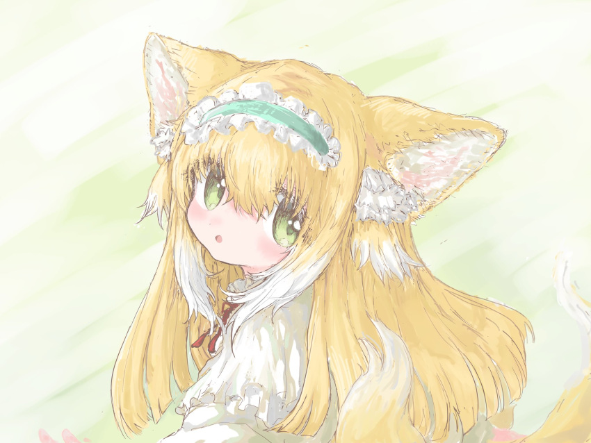 1girl :o animal_ear_fluff animal_ears arknights blonde_hair blush fox_ears fox_girl fox_tail frilled_hairband frills green_eyes hair_between_eyes hairband highres long_hair looking_at_viewer multicolored_hair multiple_tails parted_lips reitoubeef simple_background solo suzuran_(arknights) suzuran_(spring_praise)_(arknights) tail upper_body white_hair