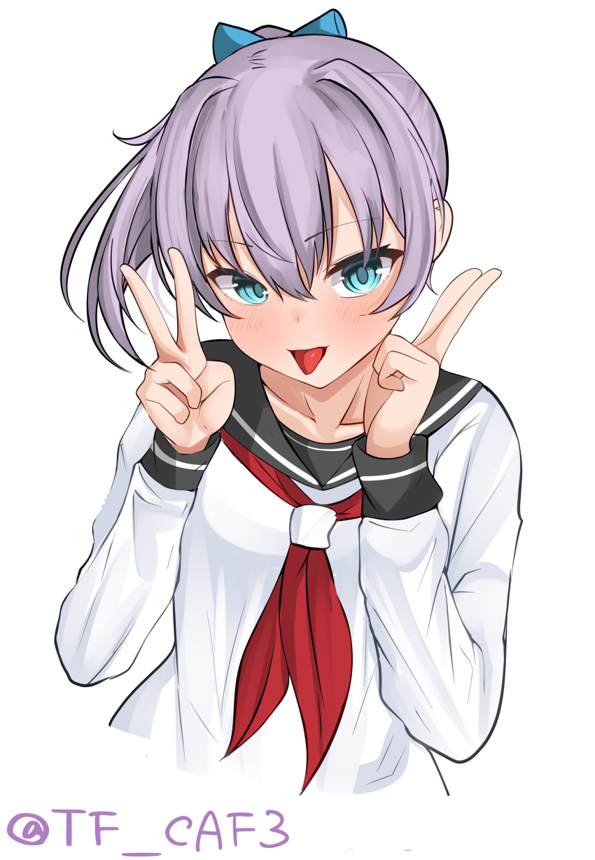 1girl absurdres alternate_costume black_sailor_collar blue_eyes double_v hair_ornament highres kantai_collection long_sleeves neckerchief one-hour_drawing_challenge ponytail purple_hair red_neckerchief sailor_collar school_uniform serafuku shiranui_(kancolle) short_hair simple_background solo tf_cafe twitter_username upper_body v white_background