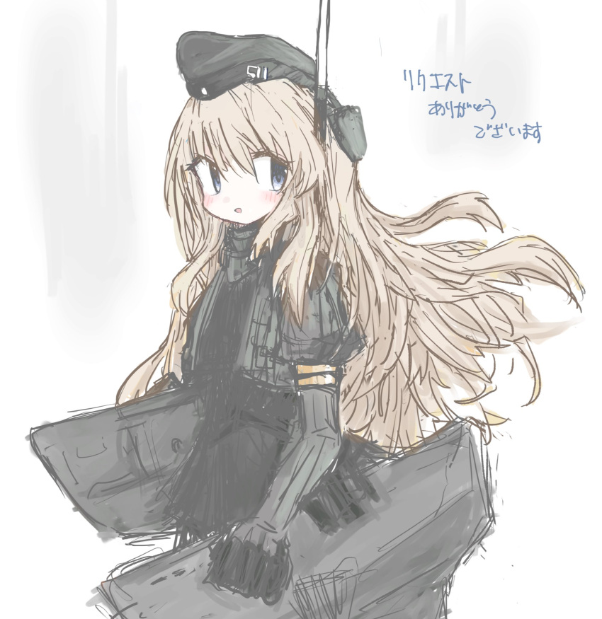 1girl black_headwear blue_eyes blush cropped_jacket garrison_cap hair_between_eyes hat headgear highres jacket kantai_collection light_brown_hair long_hair military military_uniform parted_lips reitoubeef rigging simple_background sketch solo u-511_(kancolle) uniform very_long_hair