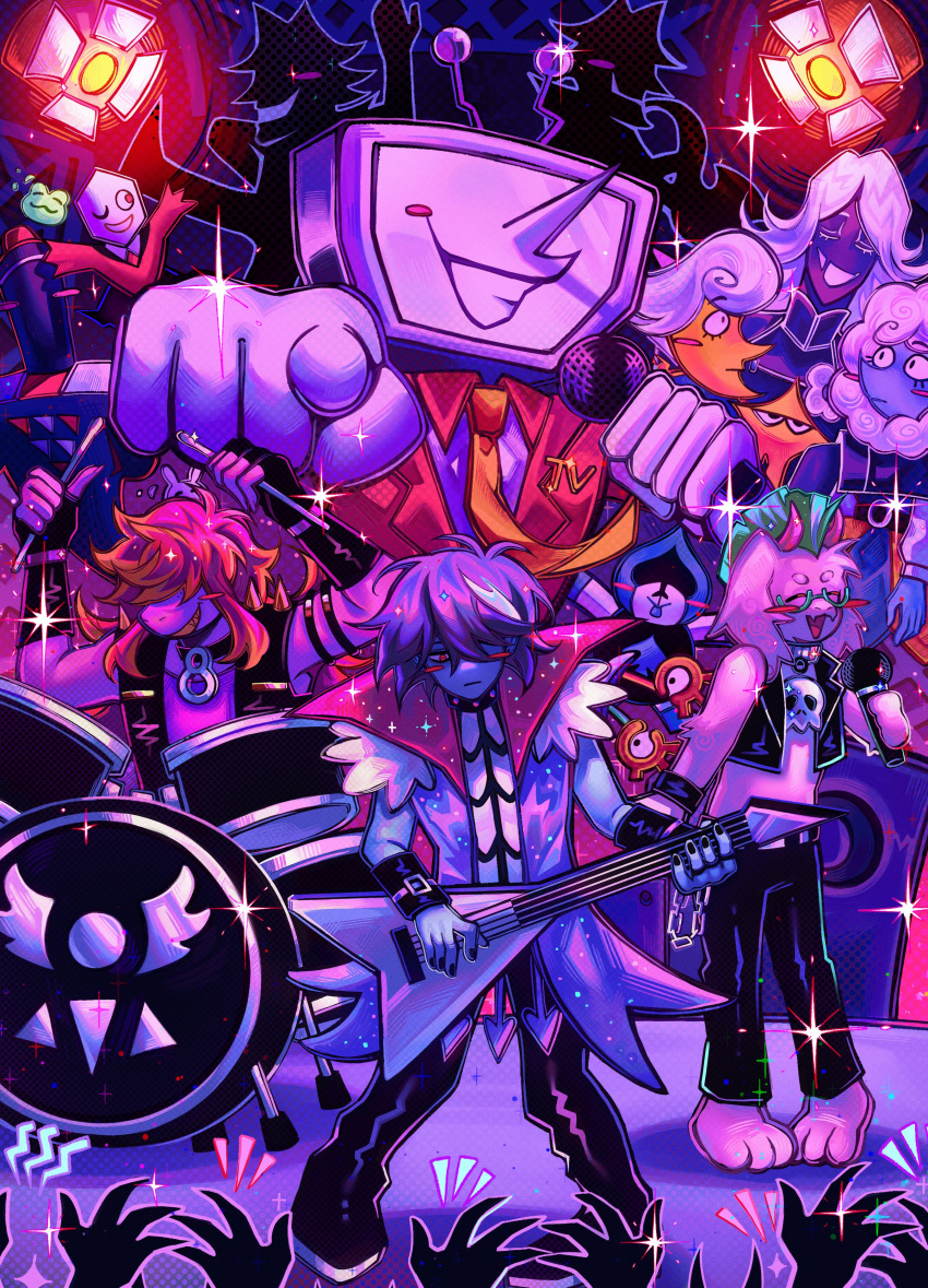 1other 2girls 6+boys absurdres androgynous animal_ears ant_tenna antenna_hair barefoot black_eyes black_gloves black_hair black_nails black_pants blonde_hair blue_skin blush_stickers closed_eyes closed_mouth colored_skin commentary deltarune drum drumsticks elbow_gloves elnina_(deltarune) english_commentary fangs fingerless_gloves furry furry_female furry_male gloves green-framed_eyewear green_hair grin guitar hair_over_eyes hair_over_one_eye highres holding holding_drumsticks holding_guitar holding_instrument holding_microphone horns instrument kris_(dark_world)_(deltarune) kris_(deltarune) kris_(lightners_live)_(deltarune) lancer_(deltarune) lanino_(deltarune) long_hair looking_at_another microphone mihych multiple_boys multiple_girls one_eye_closed open_mouth pants pippins_(deltarune) pointing pointing_at_viewer purple_hair purple_skin rabbick_(deltarune) ralsei ralsei_(lightners_live) red_eyes ribbick_(deltarune) round_eyewear rouxls_kaard semi-rimless_eyewear shadowguy_(deltarune) shuttah_(deltarune) single_blush_sticker skin_fangs smile susie_(dark_world)_(deltarune) susie_(deltarune) susie_(lightners_live)_(deltarune) teeth the_original_starwalker under-rim_eyewear utdr_(toby_fox) white_gloves white_hair yellow_skin zapper_(deltarune)