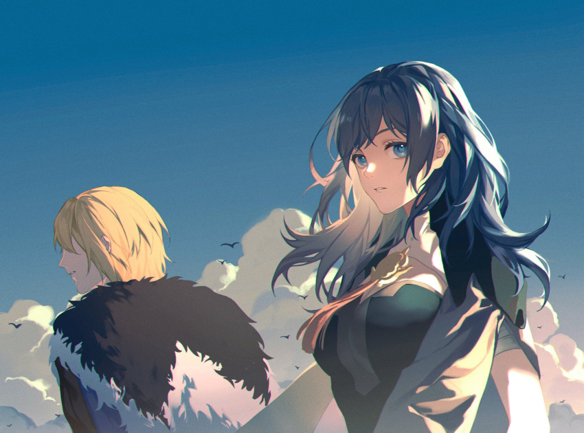 1boy 1girl bird blonde_hair blue_eyes blue_hair blue_sky breasts byleth_(female)_(fire_emblem) byleth_(fire_emblem) cape clouds cloudy_sky dimitri_alexandre_blaiddyd facing_away fire_emblem fire_emblem:_three_houses fur_cape highres kyounatsuuu large_breasts long_hair looking_at_viewer medium_hair outdoors parted_lips sky swept_bangs upper_body