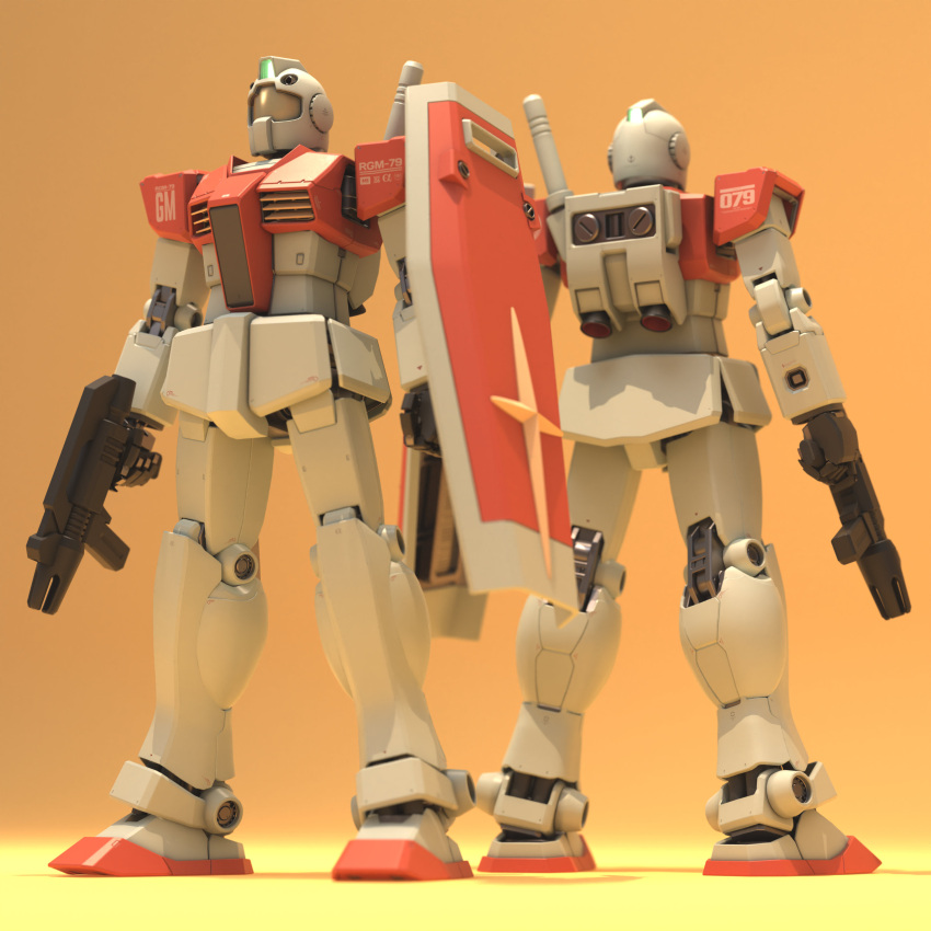 3d absurdres beam_rifle blender_(medium) character_name cross earth_federation earth_federation_space_forces energy_gun english_commentary gm_(mobile_suit) gundam highres jetpack logo machinery mecha mjeff mobile_suit mobile_suit_gundam no_humans realistic robot roundel science_fiction shield thrusters weapon