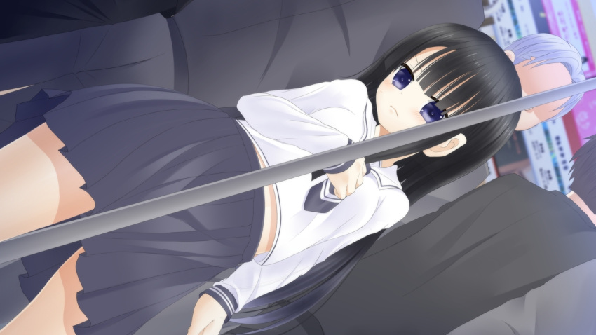 1girl 3boys asymmetrical_bangs black_hair blue_eyes blue_neckerchief blue_skirt blunt_bangs breasts choppy_bangs closed_mouth contrapposto cowboy_shot crowded dutch_angle faceless faceless_male frown furrowed_brow game_cg hand_on_own_chest indoors long_hair long_sleeves midriff_peek multiple_boys nanamiya_runa neckerchief non-web_source official_art pleated_skirt roshutsu-kei_mahou_shoujo sailor_collar school_uniform self-datamine serafuku shirt shitou_(4h) sidelocks skirt small_breasts standing straight_hair train_interior v-shaped_eyebrows white_sailor_collar white_shirt