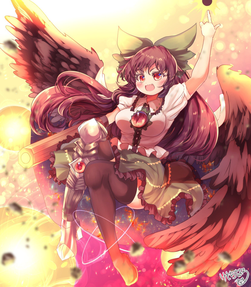 :d arm_cannon asymmetrical_legwear bird_wings black_hair black_thighhighs black_wings bow breasts cape commentary full_body green_bow green_skirt hair_bow highres index_finger_raised kemo_chiharu large_breasts long_hair mismatched_legwear open_mouth red_eyes reiuji_utsuho shirt signature skirt smile thigh-highs third_eye touhou weapon white_cape white_shirt wings