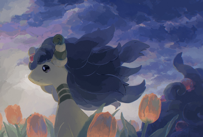ampharos bright_pupils brown_eyes closed_mouth clouds cloudy_sky commentary_request flower from_side highres mega_ampharos mega_pokemon no_humans orange_flower outdoors penurodae pokemon pokemon_(creature) sky solo white_pupils