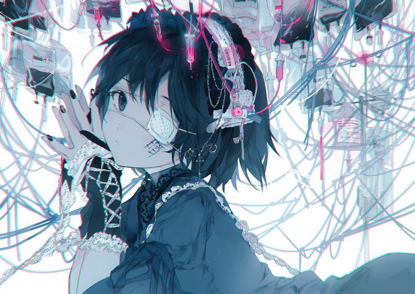 1girl balabling barcode black_dress black_eyes black_gloves black_hair black_nails blood blood_bag chromatic_aberration closed_mouth dress eyepatch facial_tattoo fingerless_gloves gloves gothic_lolita headdress highres intravenous_drip lace-trimmed_gloves lace_trim light_particles lolita_fashion looking_at_viewer medical_eyepatch nail_polish original own_hands_together paperclip_hair_ornament short_hair tattoo upper_body white_background