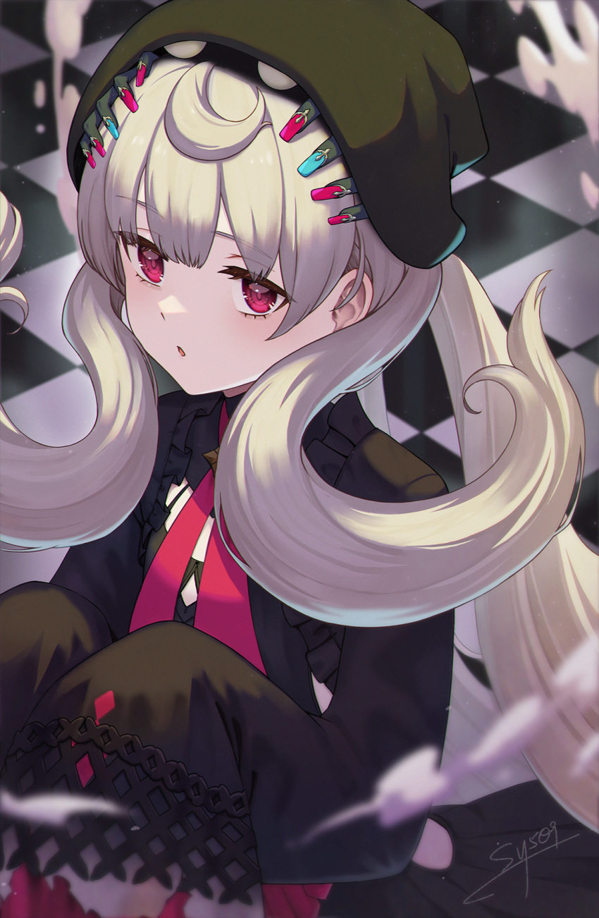 1girl absurdly_long_hair ahoge commentary frills grey_hair hat highres long_hair low_twintails nijisanji nijisanji_en open_mouth pink_eyes reimu_endou sleeves_past_fingers sleeves_past_wrists solo sy509 symbol-only_commentary twintails very_long_hair virtual_youtuber