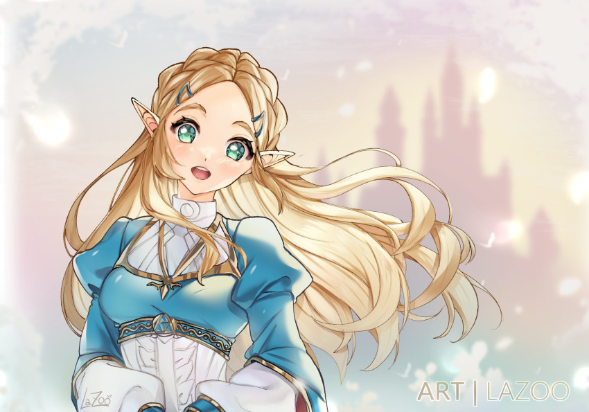 1girl artist_name blonde_hair blue_shirt blurry blurry_background breasts falling_petals green_eyes hair_ornament hairclip highres juliet_sleeves lazoomaiga light_blush long_hair long_sleeves looking_at_viewer medium_breasts open_mouth parted_bangs petals pointy_ears princess_zelda puffy_sleeves shirt side_braid_girl_(hunyan) sidelocks smile solo the_legend_of_zelda the_legend_of_zelda:_breath_of_the_wild upper_body