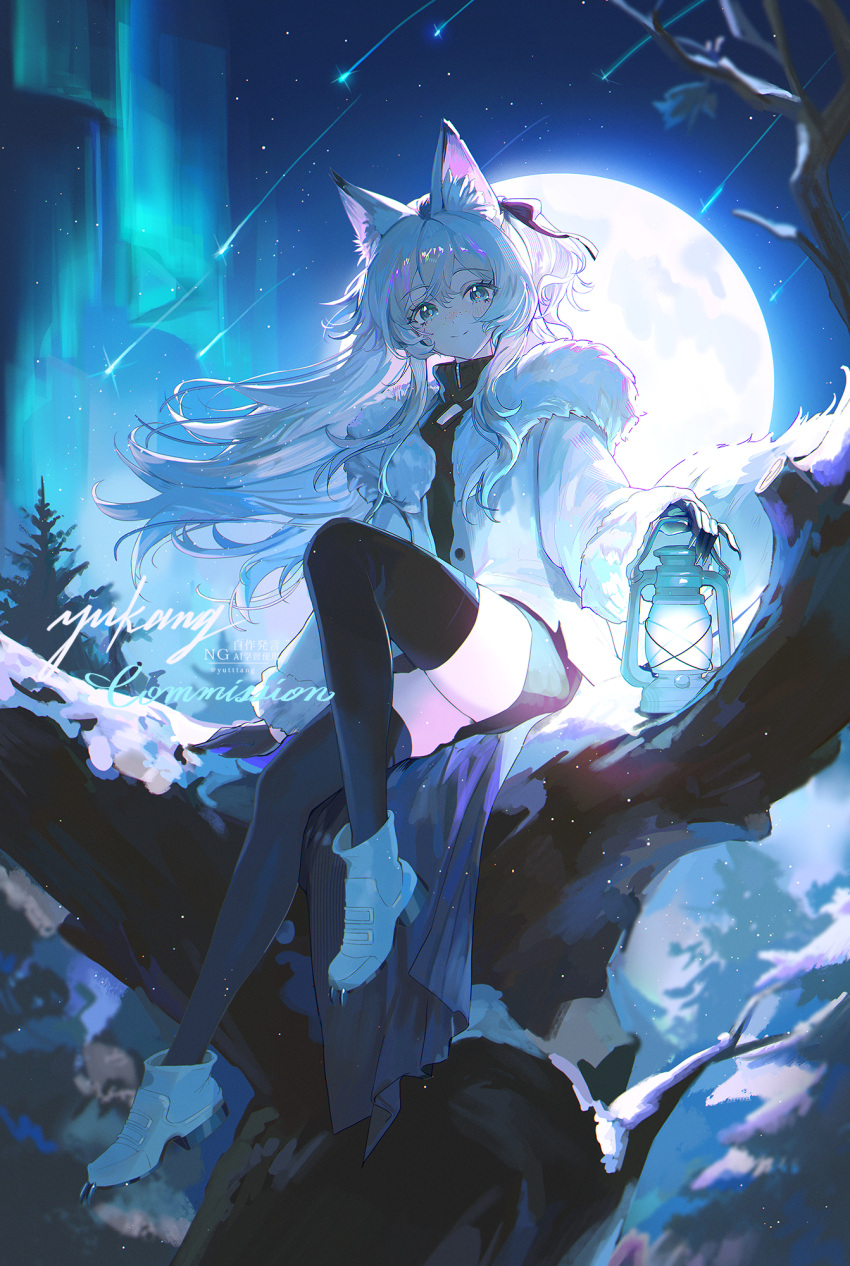 1girl animal_ears black_skirt black_sweater black_thighhighs blue_eyes boots commission fake_claws floating_hair fox_ears full_body full_moon hair_between_eyes highres holding holding_lantern hood hood_down hooded_jacket jacket lamp lantern long_hair looking_at_viewer meteor_shower miniskirt moon night open_clothes open_jacket original shoe_blade shoes sitting_on_branch skirt sky smile solo star_(sky) starry_sky sweater tail thigh-highs thighs white_boots white_hair white_jacket white_shoes wind wolf_ears wolf_girl wolf_tail yutttang