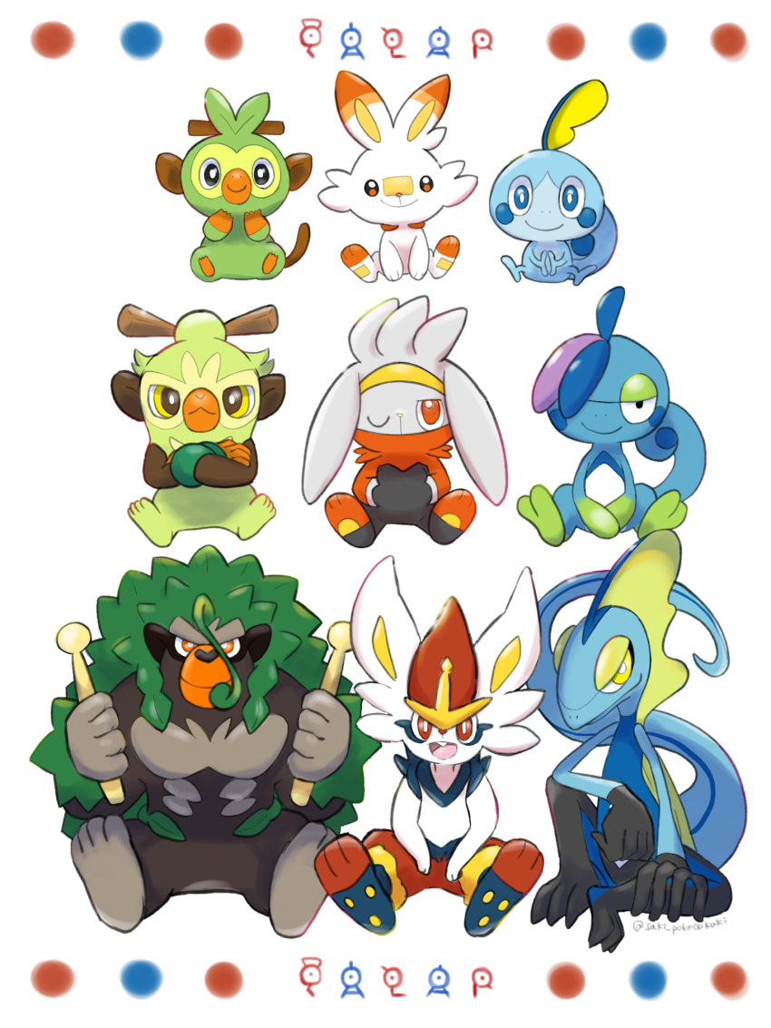 artist_name cinderace drizzile evolutionary_line grookey highres inteleon looking_at_viewer no_humans one_eye_closed open_mouth pokemon pokemon_(creature) raboot rillaboom scorbunny simple_background sitting sobble starter_pokemon_trio thwackey unown unownglyphics user_wuxd3433 watermark