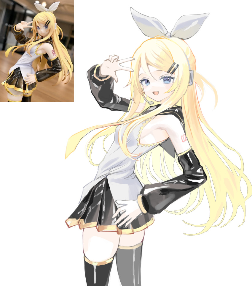 1girl :d absurdres aged_up arm_tattoo black_sailor_collar black_skirt black_sleeves black_thighhighs blonde_hair blue_eyes blush bow breasts chungjum2 commentary cowboy_shot detached_sleeves from_side hair_between_eyes hair_bow hair_ornament hairclip hand_on_own_hip hand_up headphones headset highres kagamine_rin kagamine_rin_(future_style) korean_commentary long_hair long_sleeves looking_at_viewer microphone miniskirt necktie number_tattoo open_mouth parallel_hairclips photo_inset pleated_skirt reference_inset sailor_collar shirt sidelocks simple_background skirt sleeveless sleeveless_shirt small_breasts smile solo standing tattoo thigh-highs turning_head untucked_shirt very_long_hair vocaloid w white_background white_bow white_shirt yellow_nails yellow_necktie yellow_trim zettai_ryouiki