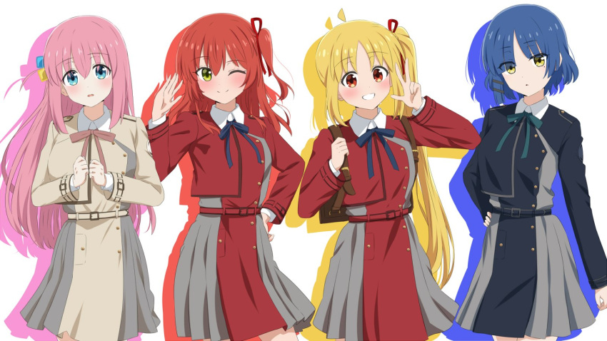 4girls :o ;) ahoge backpack bag belt blonde_hair blue_belt blue_dress blue_eyes blue_hair blue_ribbon blush bocchi_the_rock! brown_belt brown_dress closed_mouth collared_shirt commentary_request cosplay cowboy_shot cube_hair_ornament dars_(recolors) dress gotou_hitori green_eyes green_ribbon grey_dress grin hair_between_eyes hair_ornament hair_over_eyes hair_ribbon hairclip hand_on_own_hip hand_up highres ijichi_nijika inoue_takina inoue_takina_(cosplay) kita_ikuyo long_hair long_sleeves looking_at_viewer lycoris_recoil lycoris_uniform mole mole_under_eye multiple_girls neck_ribbon nishikigi_chisato nishikigi_chisato_(cosplay) one_eye_closed one_side_up parted_lips pink_hair pink_ribbon pleated_dress red_belt red_dress red_eyes red_ribbon redhead ribbon shirt short_hair side_ponytail simple_background smile standing two-tone_dress very_long_hair w white_background white_shirt yamada_ryou yellow_eyes