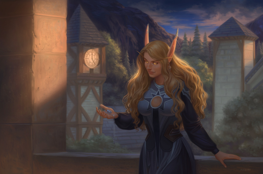 1girl blonde_hair blood_elf_(warcraft) blue_dress clock clock_tower clothing_cutout clouds cloudy_sky colored_sclera cowboy_shot curly_hair dress earrings elf english_commentary evening freckles highres holding holding_jewelry holding_necklace jewelry long_hair long_sleeves mountain necklace no_pupils nozomi-mats original pendant pointy_ears puffy_sleeves sky smile tower tree warcraft yellow_sclera