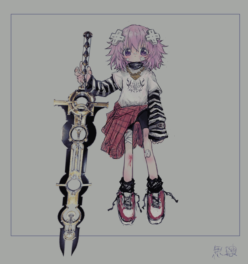 1girl bandaged_leg bandages bandaid bandaid_on_face bandaid_on_nose black_shorts black_socks blood closed_mouth clothes_around_waist d-pad d-pad_hair_ornament full_body grey_background hair_between_eyes hair_ornament highres holding holding_sword holding_weapon jewelry layered_sleeves long_sleeves looking_at_viewer necklace neptune_(neptune_series) neptune_(series) pink_hair reitoubeef shirt shoes short_hair shorts simple_background sneakers socks solo striped sword t-shirt violet_eyes weapon white_shirt