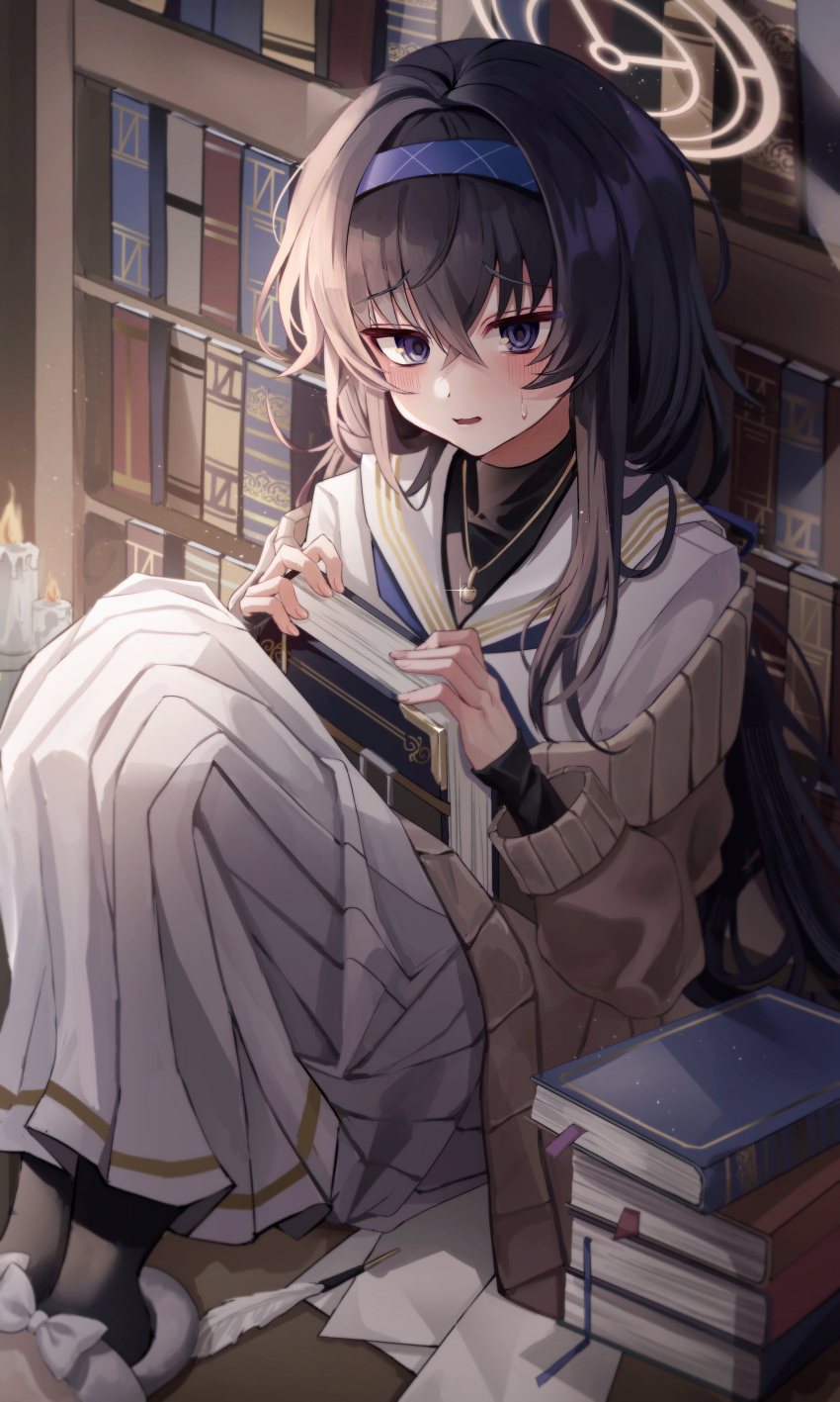1girl absurdres black_hair blue_archive blue_eyes blue_hairband blush book book_stack bookshelf bow candle cardigan hair_between_eyes hairband halo highres jewelry kim_leeyoon long_hair long_sleeves looking_at_viewer neckerchief necklace quill sailor_collar school_uniform serafuku skirt slippers socks solo sweat twintails ui_(blue_archive) very_long_hair