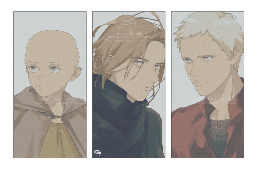 0109_(artist) 3boys a_knight_of_the_seven_kingdoms a_song_of_ice_and_fire aegon_v_targaryen aerion_targaryen armor bald black_coat border brothers brown_cloak brown_hair brown_shirt chainmail cloak closed_mouth coat commentary_request daeron_targaryen grey_background highres medium_hair multiple_boys parted_bangs red_shirt shirt short_hair siblings upper_body violet_eyes white_border white_hair