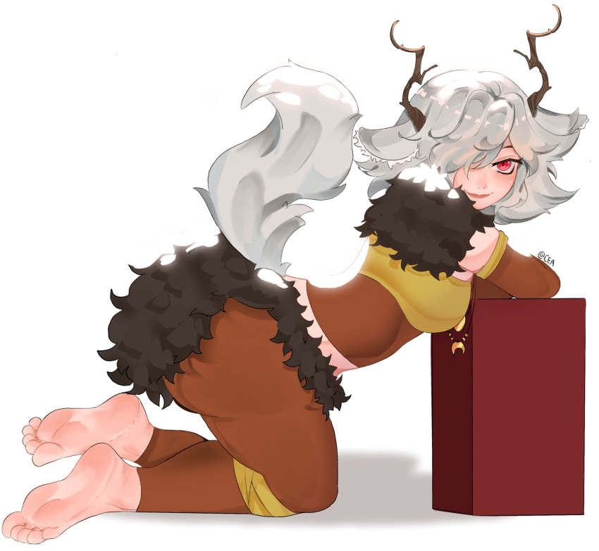 1girl animal_ears antlers barefoot brown_leggings commentary commission crescent crescent_necklace cyadraws english_commentary feet fur_collar highres horns jewelry leggings necklace red_eyes short_hair soles solo_focus spooky's_house_of_jump_scares tail tirsiak toes torn_clothes torn_leggings white_hair