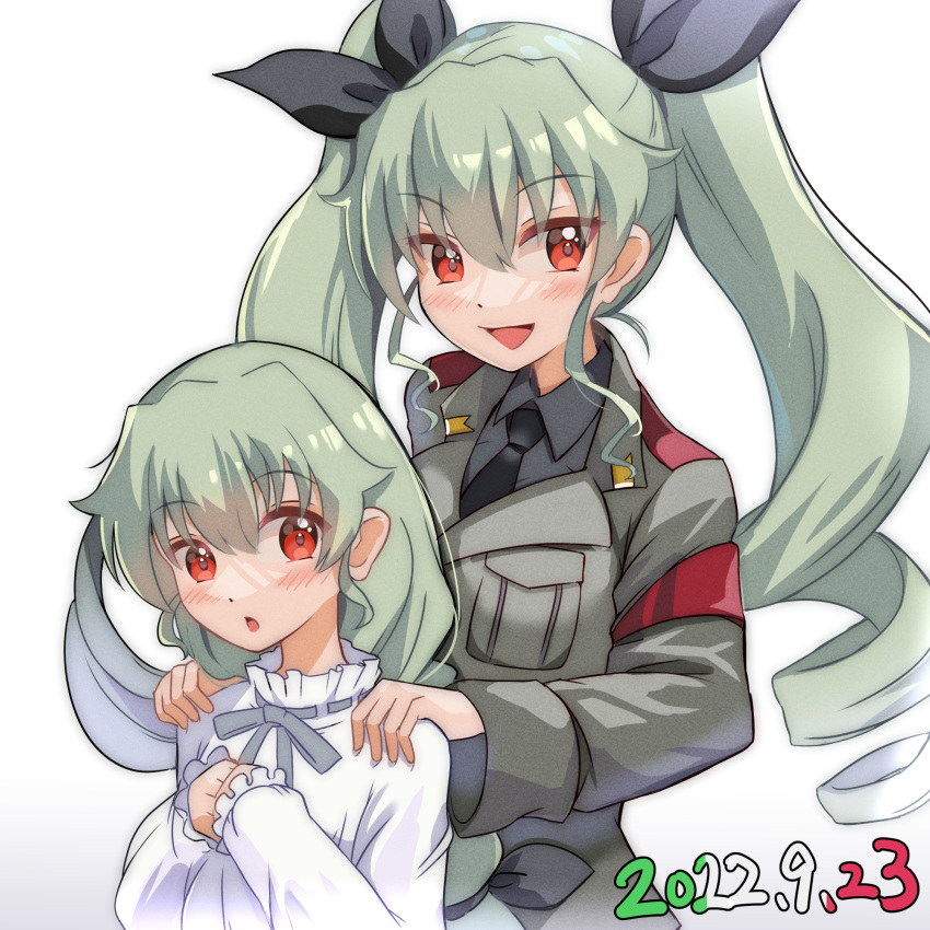2girls :o aged_down anchovy_(girls_und_panzer) anzio_military_uniform belt black_necktie black_ribbon black_shirt blaze_(blazeillust) braid braided_ponytail commentary dated dress dress_shirt drill_hair girls_und_panzer green_hair grey_jacket hair_ribbon hands_on_another's_shoulders highres jacket long_hair long_sleeves looking_at_viewer military military_uniform multiple_girls necktie open_mouth red_eyes ribbon sam_browne_belt shirt single_braid smile standing time_paradox twin_drills twintails uniform white_background white_dress wing_collar